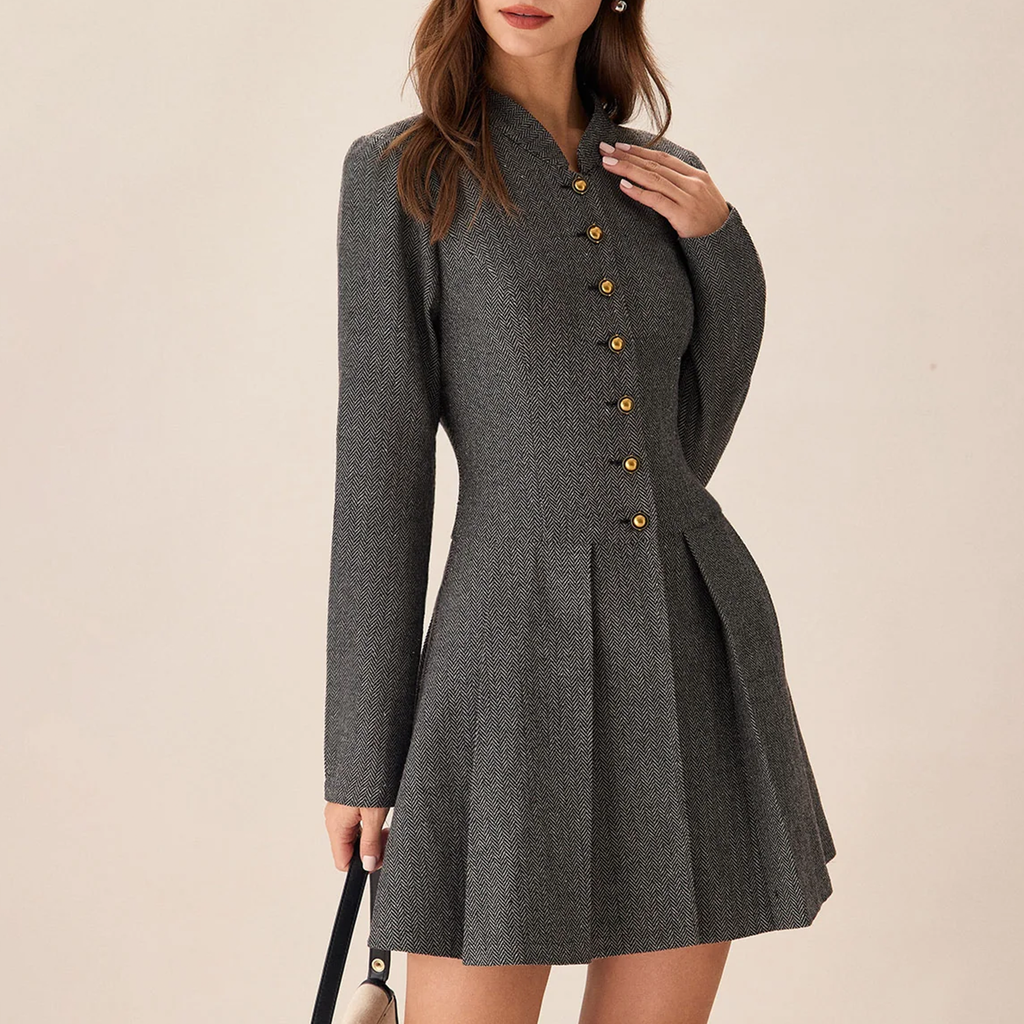 Graues A‑Linien‑Minikleid mit Knopfleiste und plissiertem Rockteil
