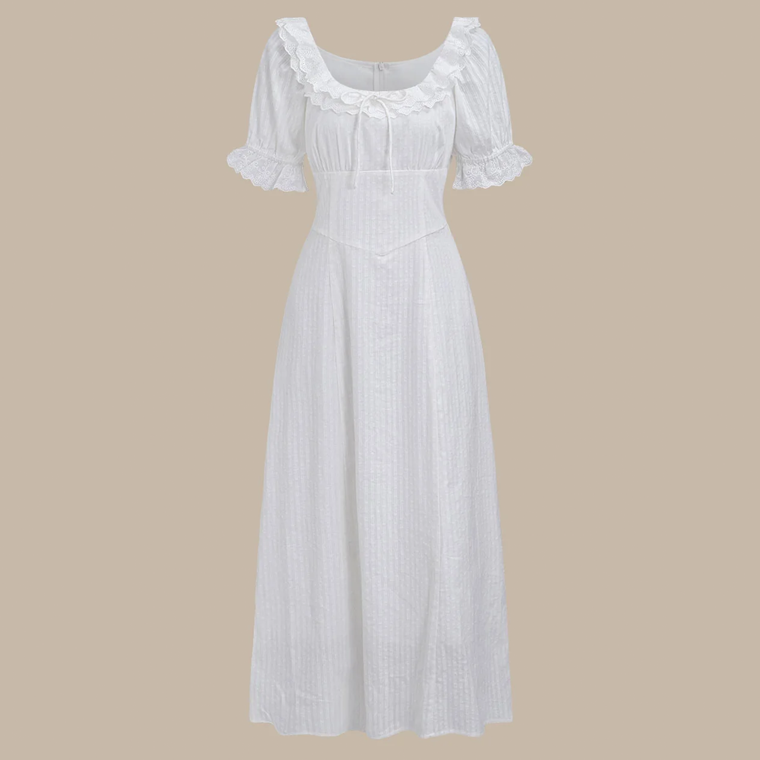 Weißes romantisches Maxikleid mit U‑Ausschnitt, Puffärmeln und Stickereien