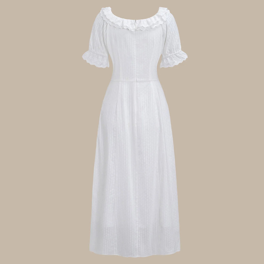 Weißes romantisches Maxikleid mit U‑Ausschnitt, Puffärmeln und Stickereien
